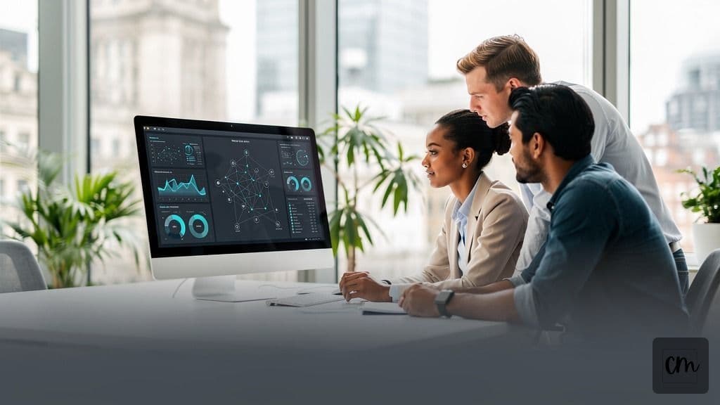 Team of cybersecurity experts in a modern London office analysing data on a large screen during a strategic cybersecurity audit.
