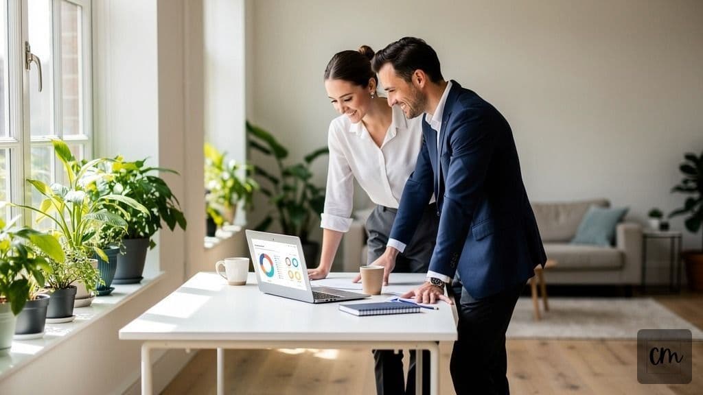 Two software developers collaborating around a laptop in a bright London office during a bespoke software development discovery session