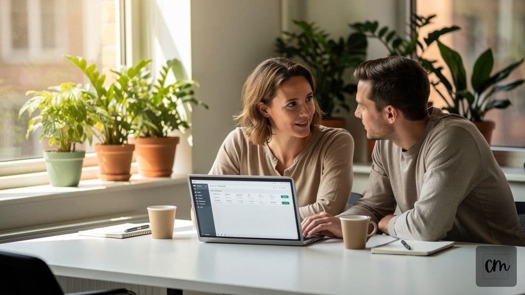 Small software development team reviewing a custom platform dashboard in a bright London office