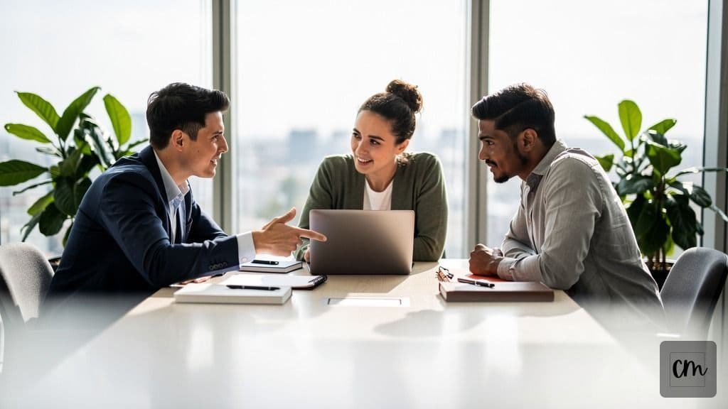 A team of software developers collaborating on an AI business automation project in a bright, modern London office.