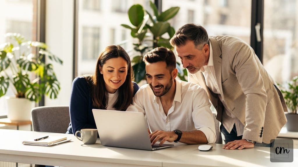 Small UK business team reviewing technology plans on a laptop in a bright London office