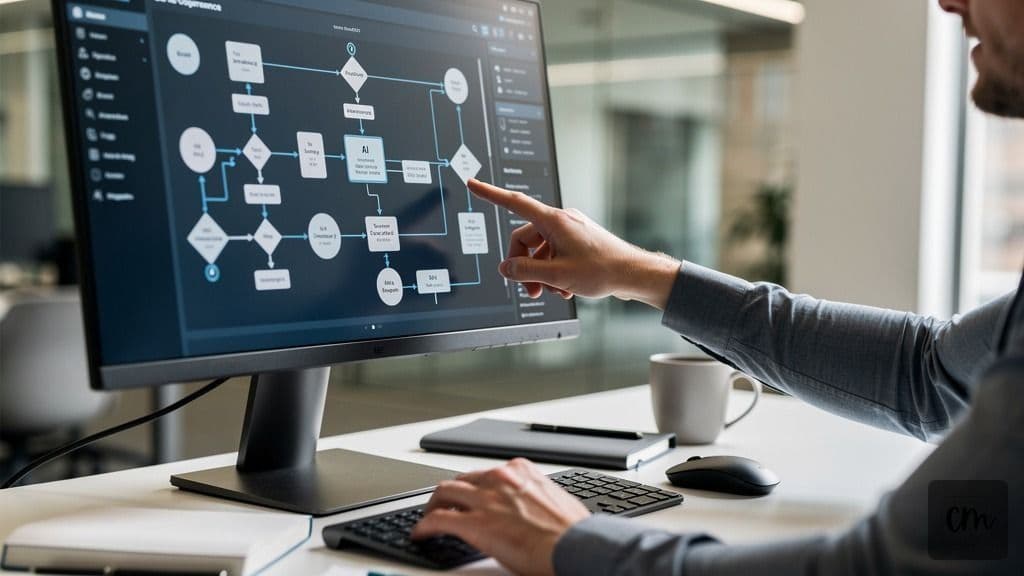 A software developer reviews a data governance flowchart for an AI system on a computer screen, highlighting the compliance checks required.